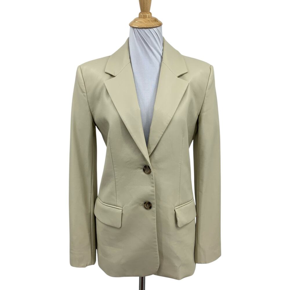Oak + Fort Blazer Womens XXS 2XS Faux Leather Flap Pockets Two Button Jacket